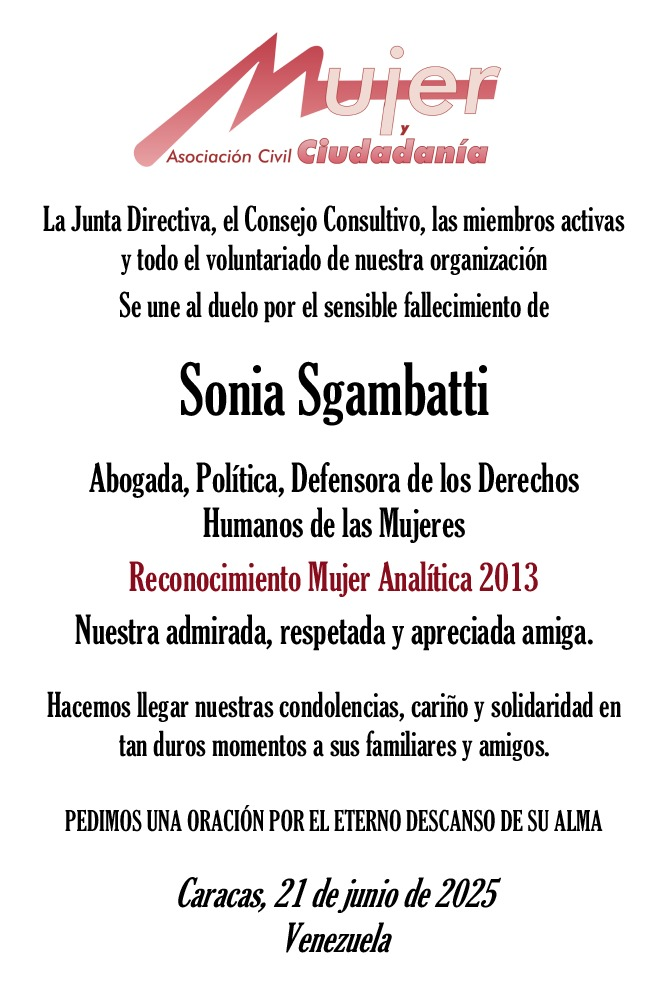 Mujer y Ciudadanía lamenta fallecimiento de Sonia Sgambatti
