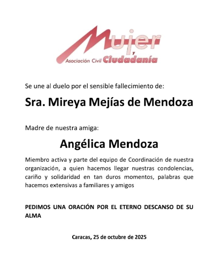 Mujer y Ciudadanía lamenta fallecimiento de la Sra. Mireya Mejías de Mendoza